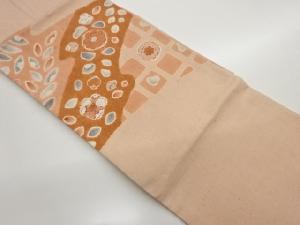 手織り紬絞り手描き花葉に色紙模様名古屋帯